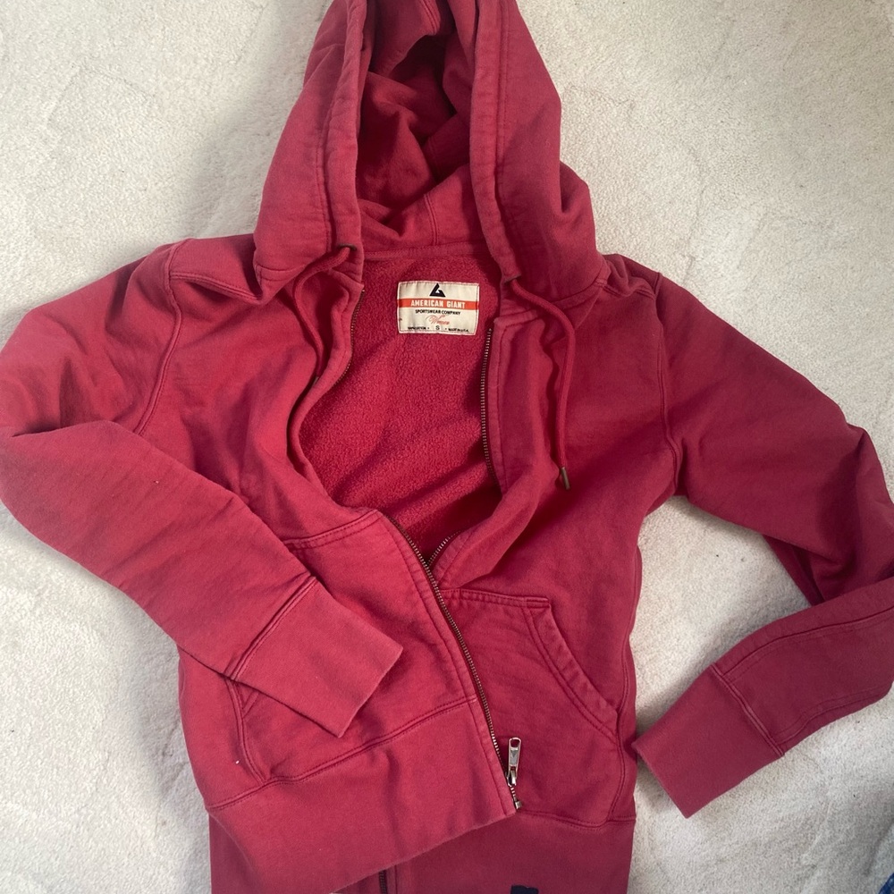 American Giant womens hoodie in Berry Red with Logo Patch